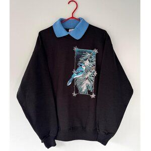 90s vintage blue jay bird snowy nature graphic collared cotton pullover sweater